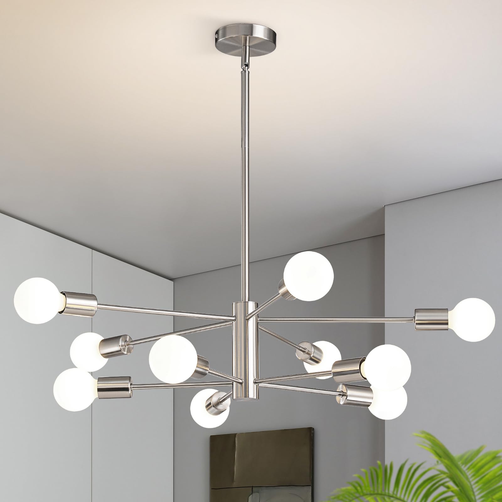 RUIYEY Modern Sputnik Chandeliers Light, 10 Lights Brushed Nickel Chandeliers for Dining Room, E26 Height Adjustable Chandelier 