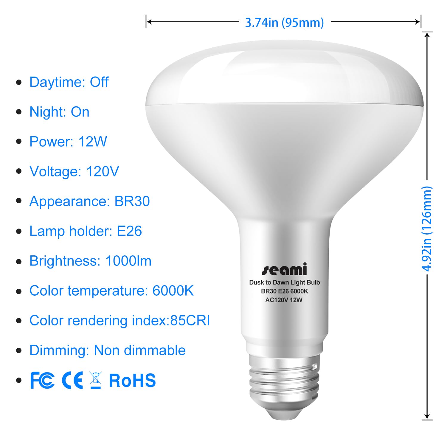 seami Dusk to Dawn LED BR30 Light Bulbs, 12W E26, 6000K Daylight, Auto On/Off, Pack of 4, Model SPGG01