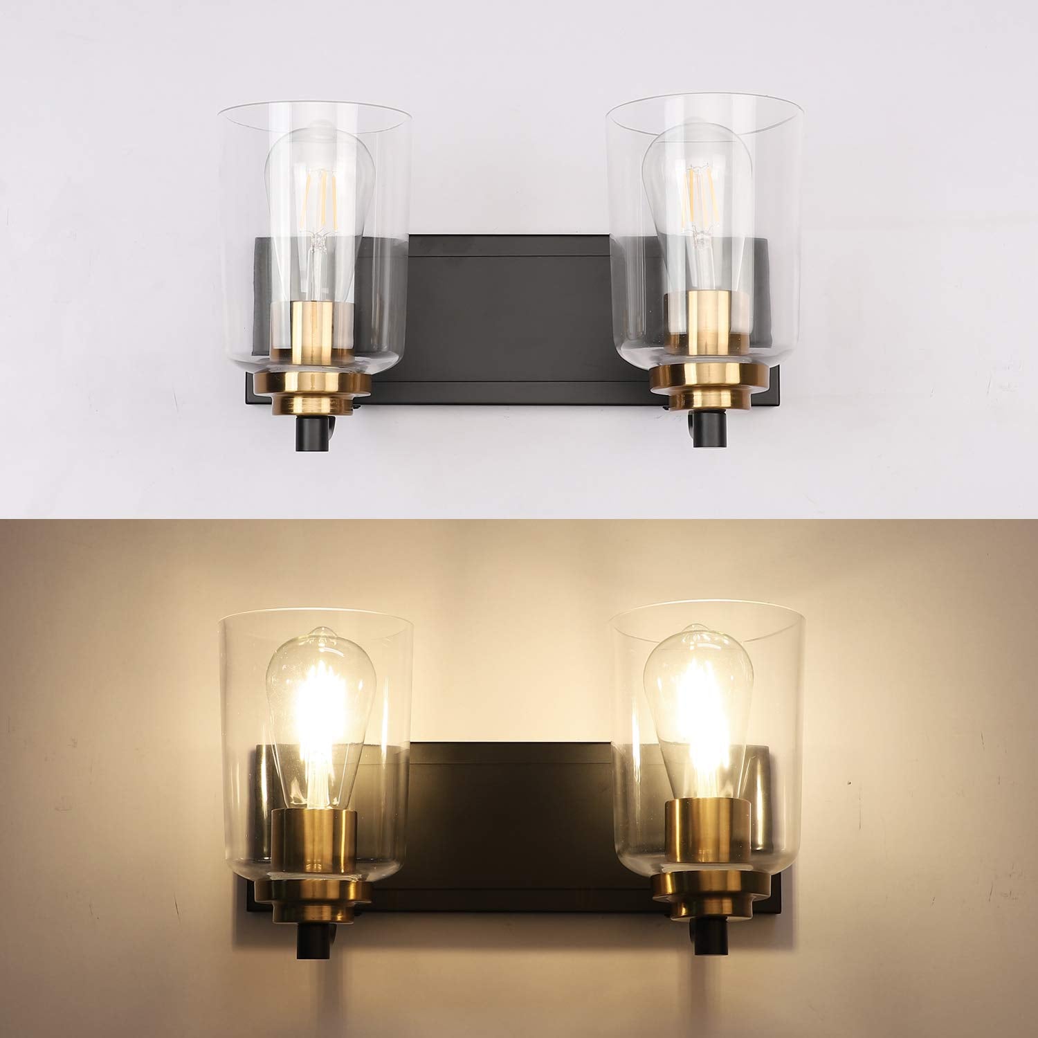 Solfart 20.1 Inch Black Vintage Bathroom Vanity Light Fixtures Fixtures With Modern Glass Globe Shade Metal Brass Wall Lamp 2 Li