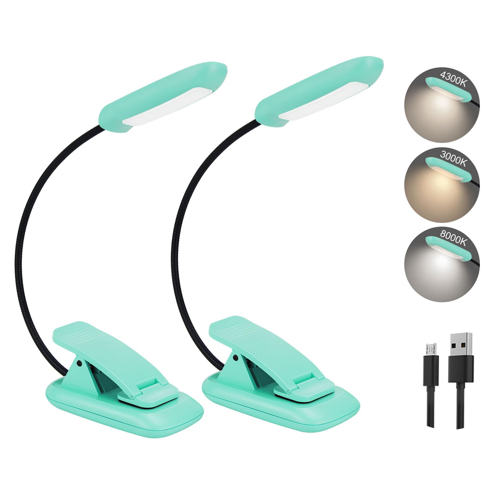 BIGMONAT Rechargeable Book Light, Adjustable Brightness, 2Pack - Blue, Lightweight Clip, 360° Rotary, Plastic Material