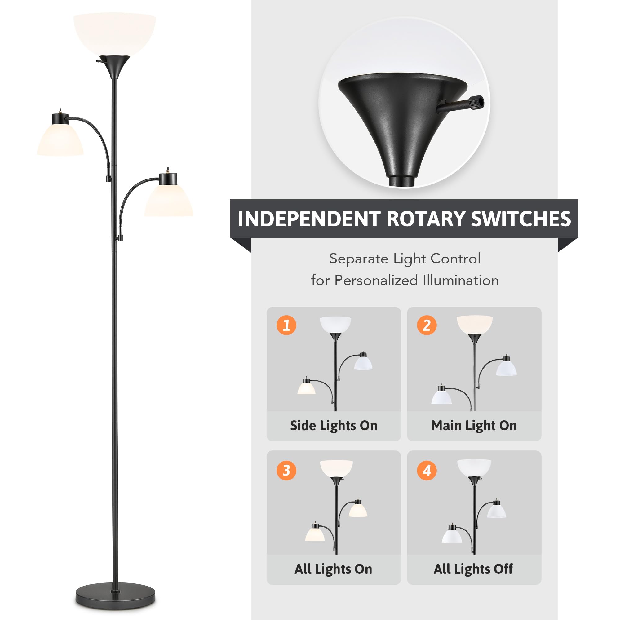 Vonluce 71'' Floor Lamp, Standing Lamp With Adjustable Reading Lights & 3 Bulbs, Modern Torchiere Floor Lamp With 3 Color Temper
