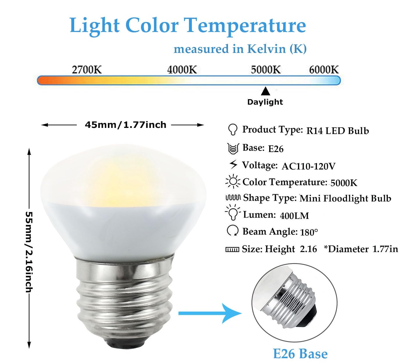 Greeogin R14 Led Bulb 4W(40W Equivalent) Mini Reflector Flood Light Bulbs 5000K Daylight, Curio Cabinet Light Bulb, Non-Dimmable