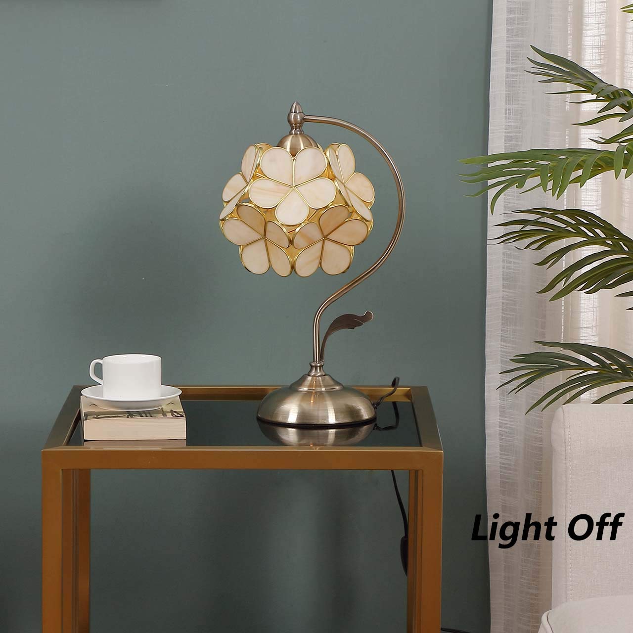Bieye L10754 Tiffany Style Stained Glass Flower Petal Table Lamp With Brass Base For Home D  Cor (Cream, 8'' Cherry Blossom)