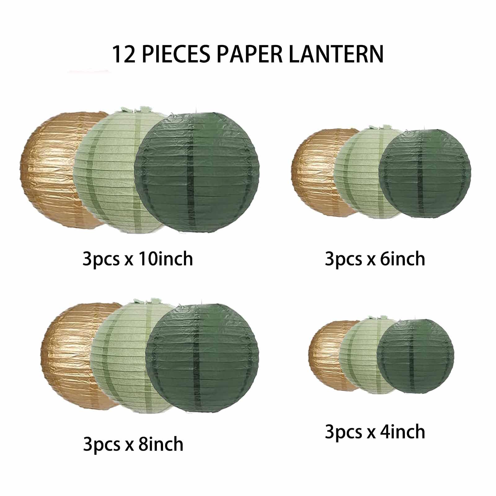 Gaka Green Gold Paper Lanterns Decorative,12Pcs,4 Inch 6 Inch 8 Inch 10 Inch Round Paper Hanging Decorations,Chinese Paper Lanterns Lamps For Wedding Birthday Home Classroom Party Decoration