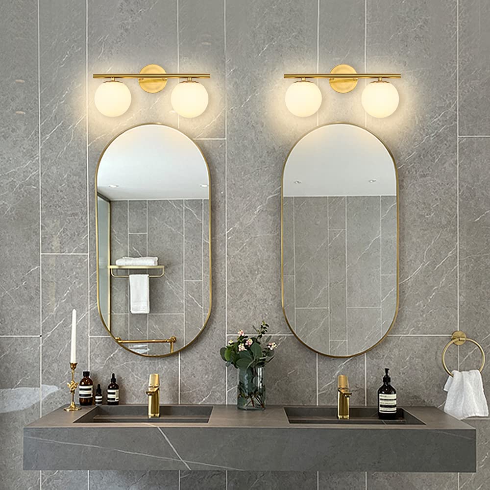 YHTlaeh Bathroom Vanity Light Fixtures, 2 Lights, Brushed Brass, Milk White Globe Glass Shade, Model 7710, 15 Inch
