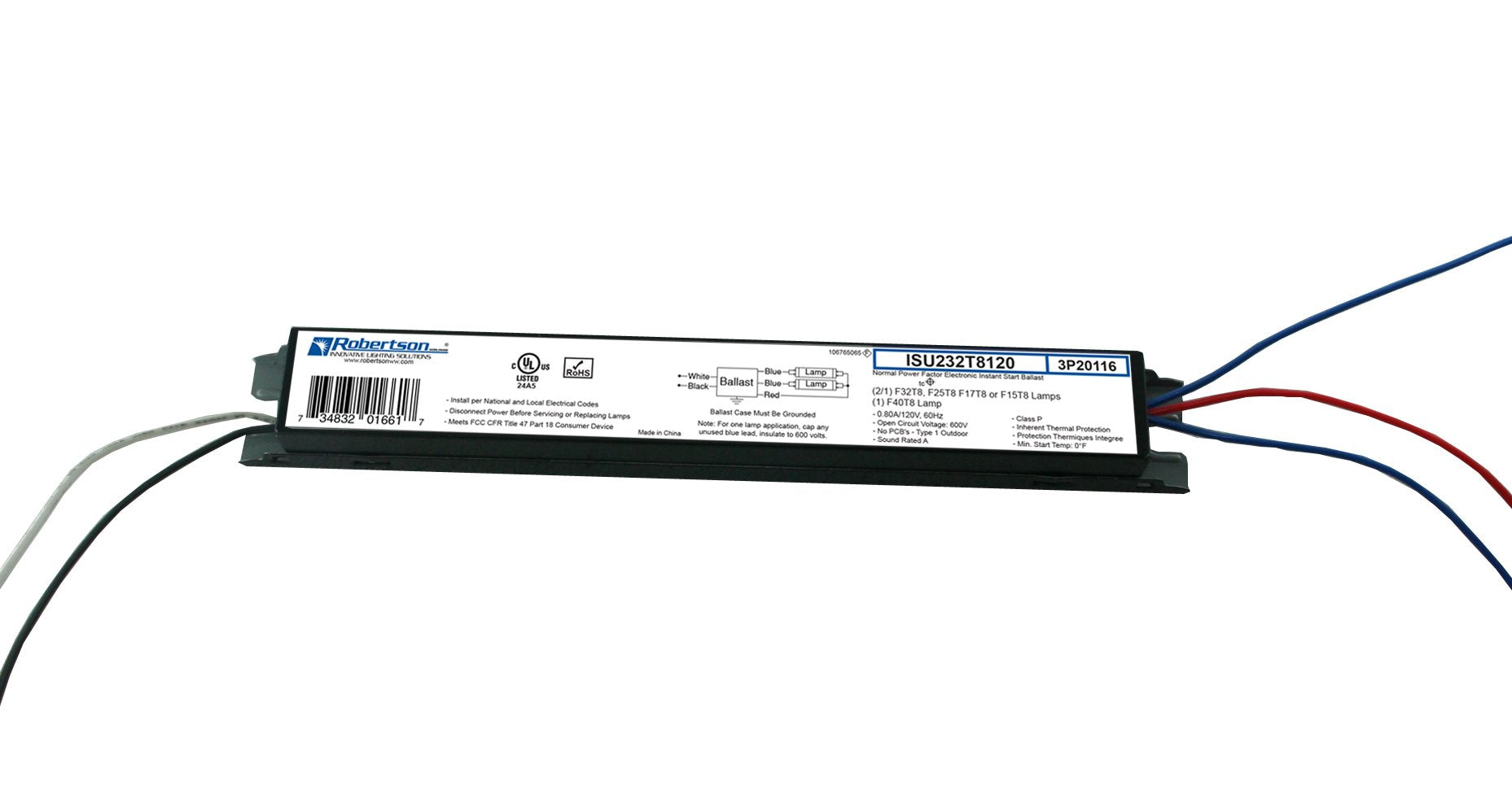 Robertson ISU232T8120 (2P20116) Electronic Fluorescent Ballast, for 1 or 2 T8 Fluorescent Lamps Between 17W-32W (F17T8 - F32T8)