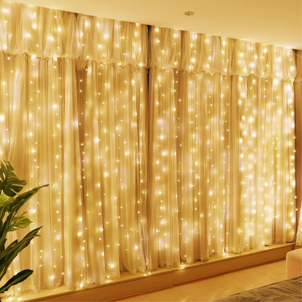 HXWEIYE Fairy Curtain Lights, 300LED, USB Plug, 8 Modes, 9.8x9.8Ft, Warm White, Copper Wire, Model HY100150-300