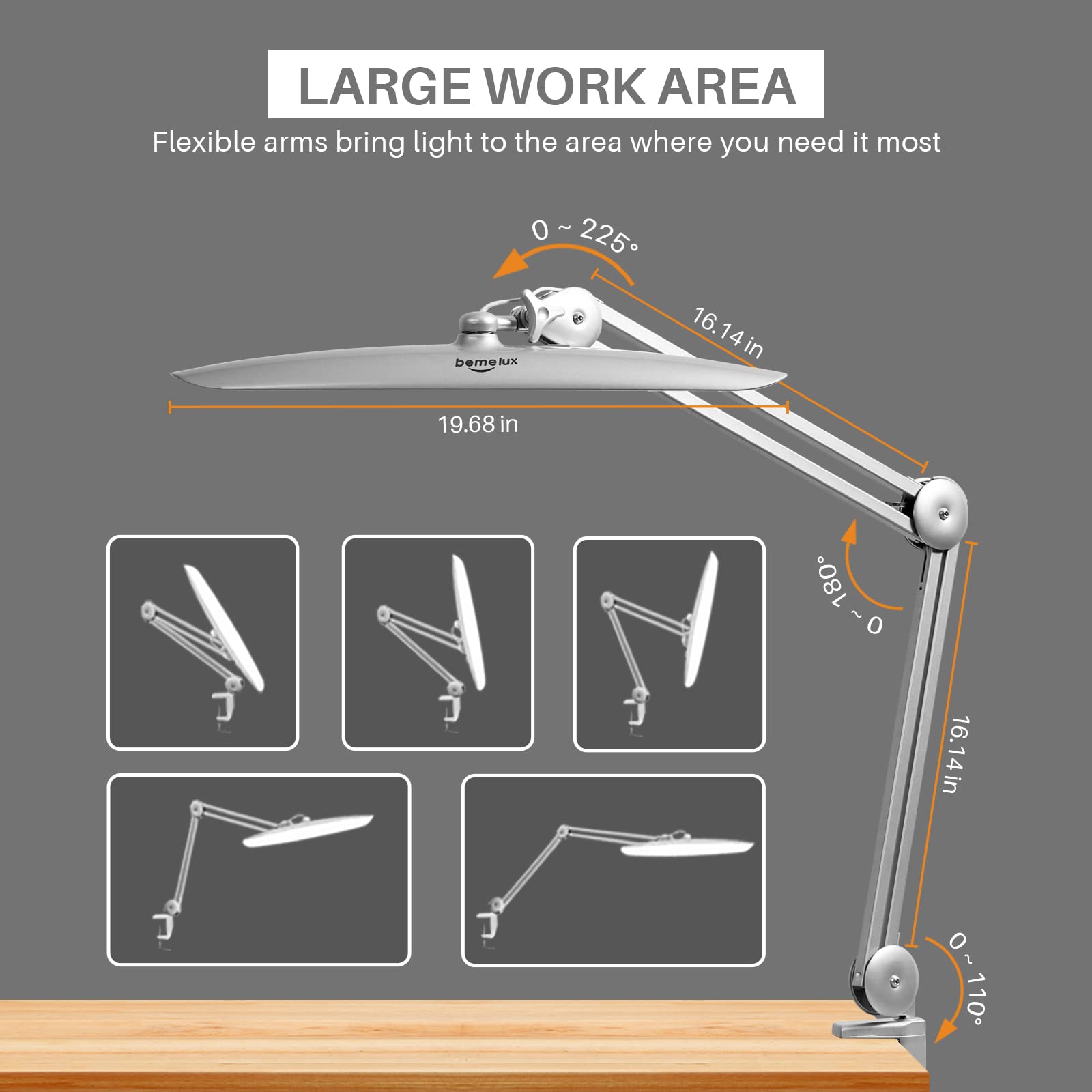bemelux LED Desk Lamp with Clamp, 20 Inch Silver Metal Swivel Arm, 2200 Lumens, Ideal for Reading and Crafting, Model BLUX9501LED-SILVER