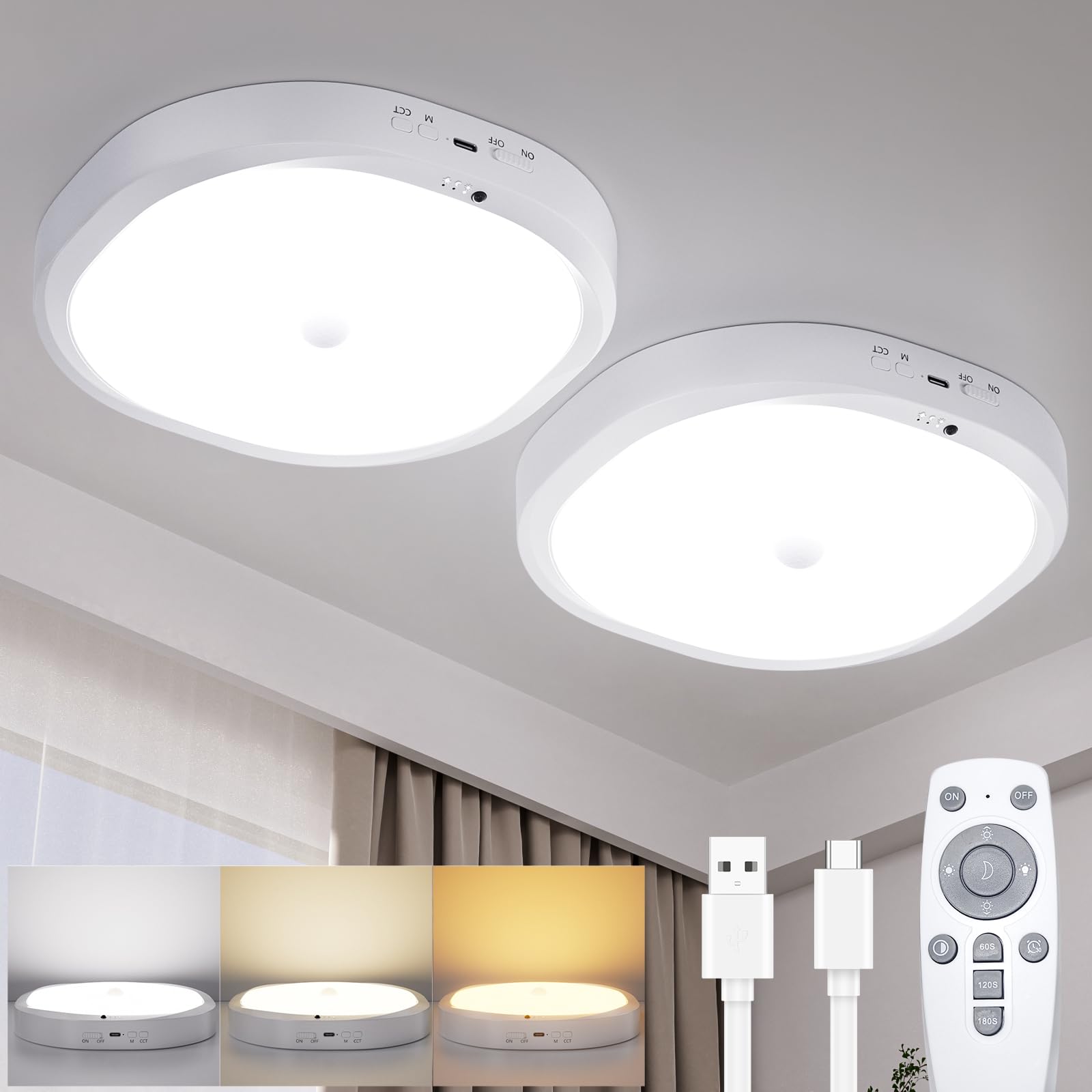 RIRIBEN Rechargeable Motion Sensor Ceiling Light, 10000mAh Battery, White, Remote Control, Model CL06, 2-Pack
