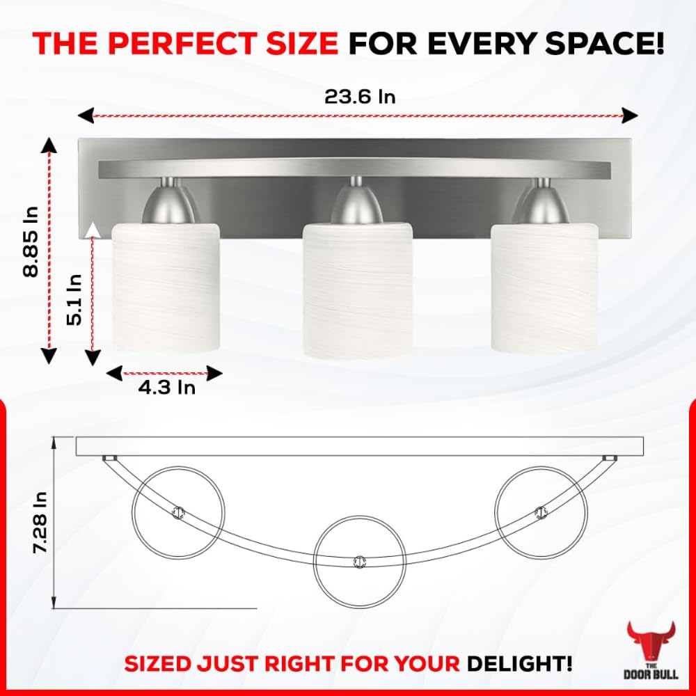 The Door Bull Bathroom Vanity Light Fixture - 3-Lights Brushed Nickel, Frosted Glass Shade, Model VNT-1000