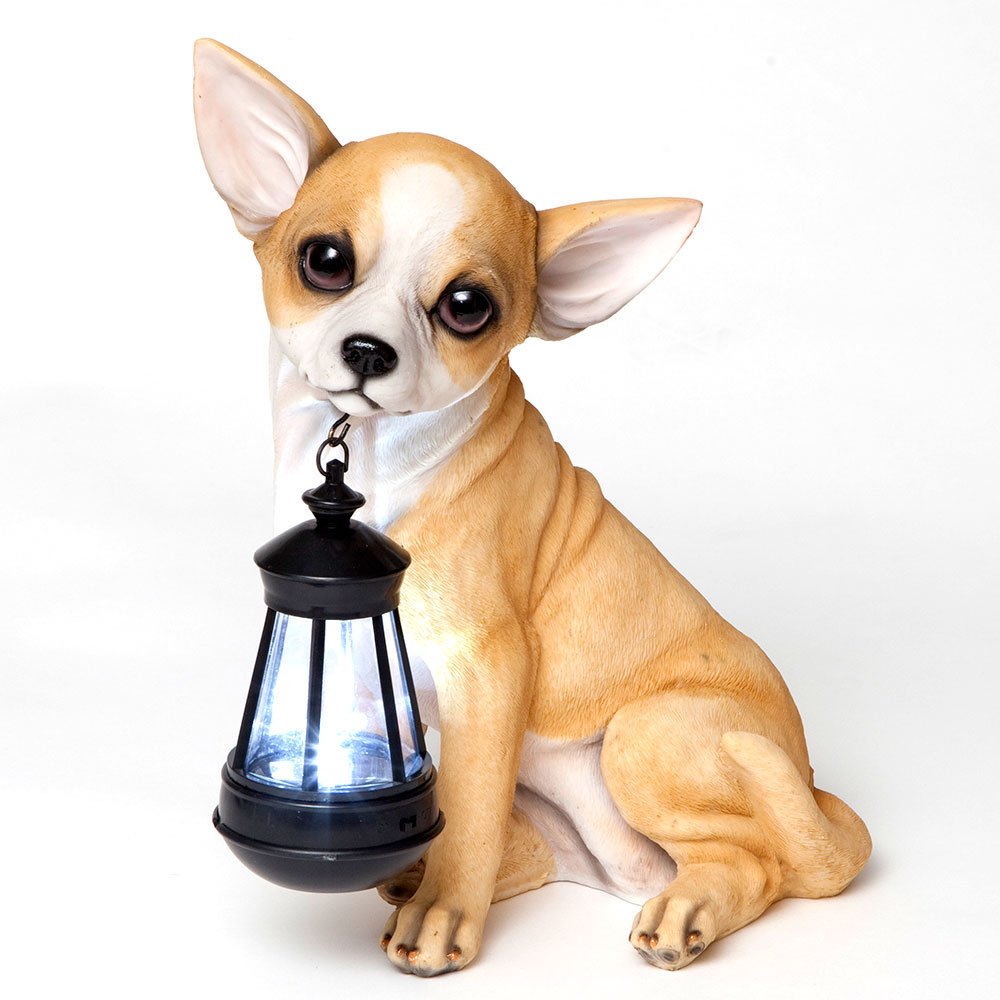 Bits and Pieces Chihuahua Solar Lantern Statue, Polyresin, LED Light, Outdoor Décor, White/Brown, Model 41121