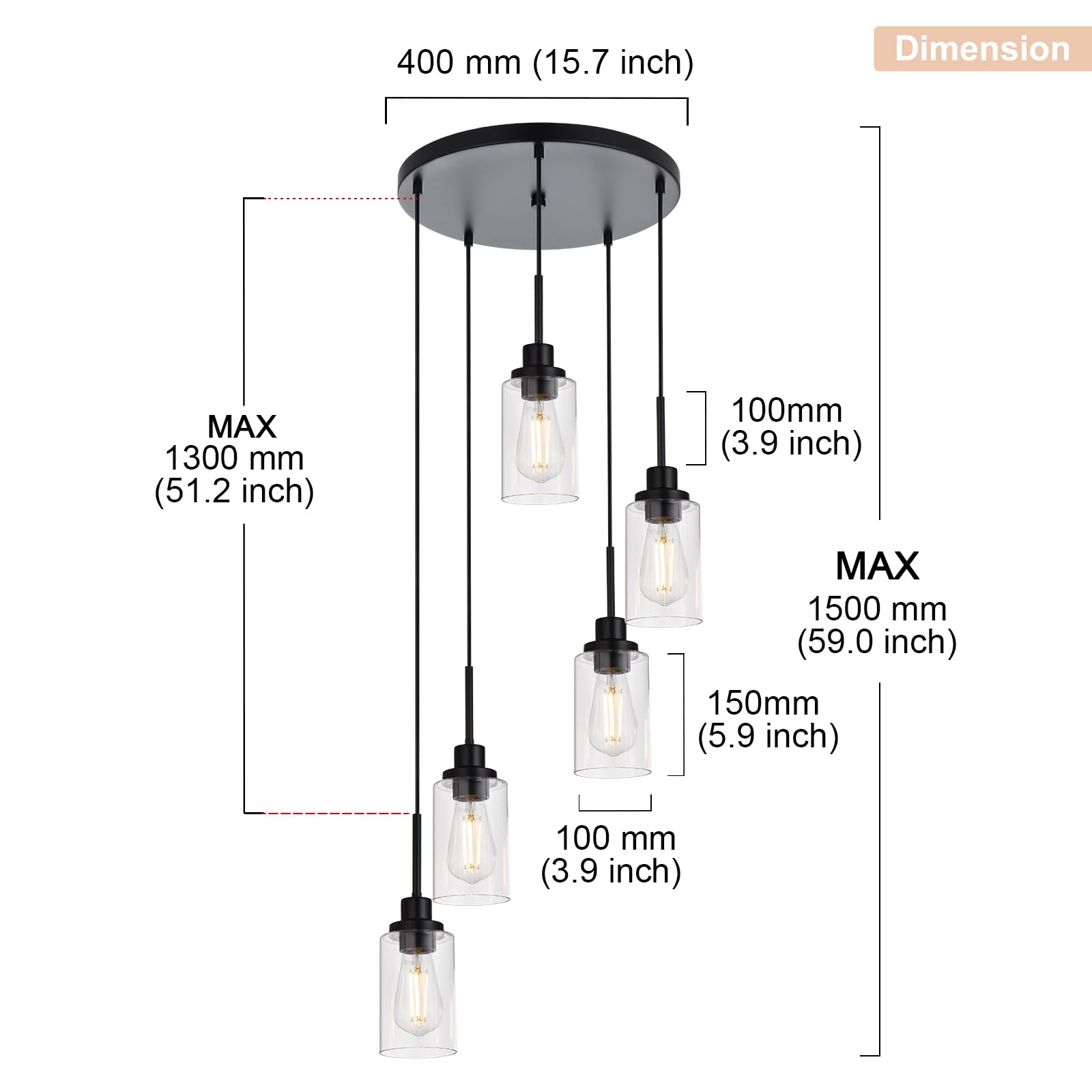 Winshen 5-Light Pendant Light Fixtures, Black Adjustable Height Hanging Lighting Dining Room Chandelier With Clear Glass Shade,
