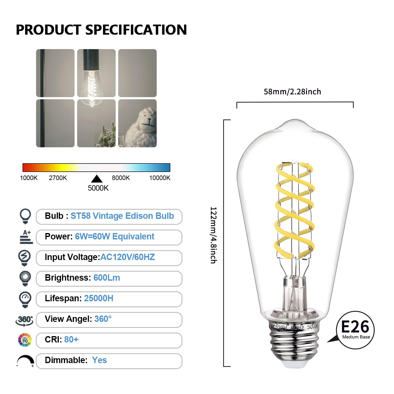 Bort Dimmable Led Edison Bulbs, 6W Equivalent To 60W Vintage Light Bulb, E26 5000K St58/St19 Led Bulbs, Antique Flexible Spiral