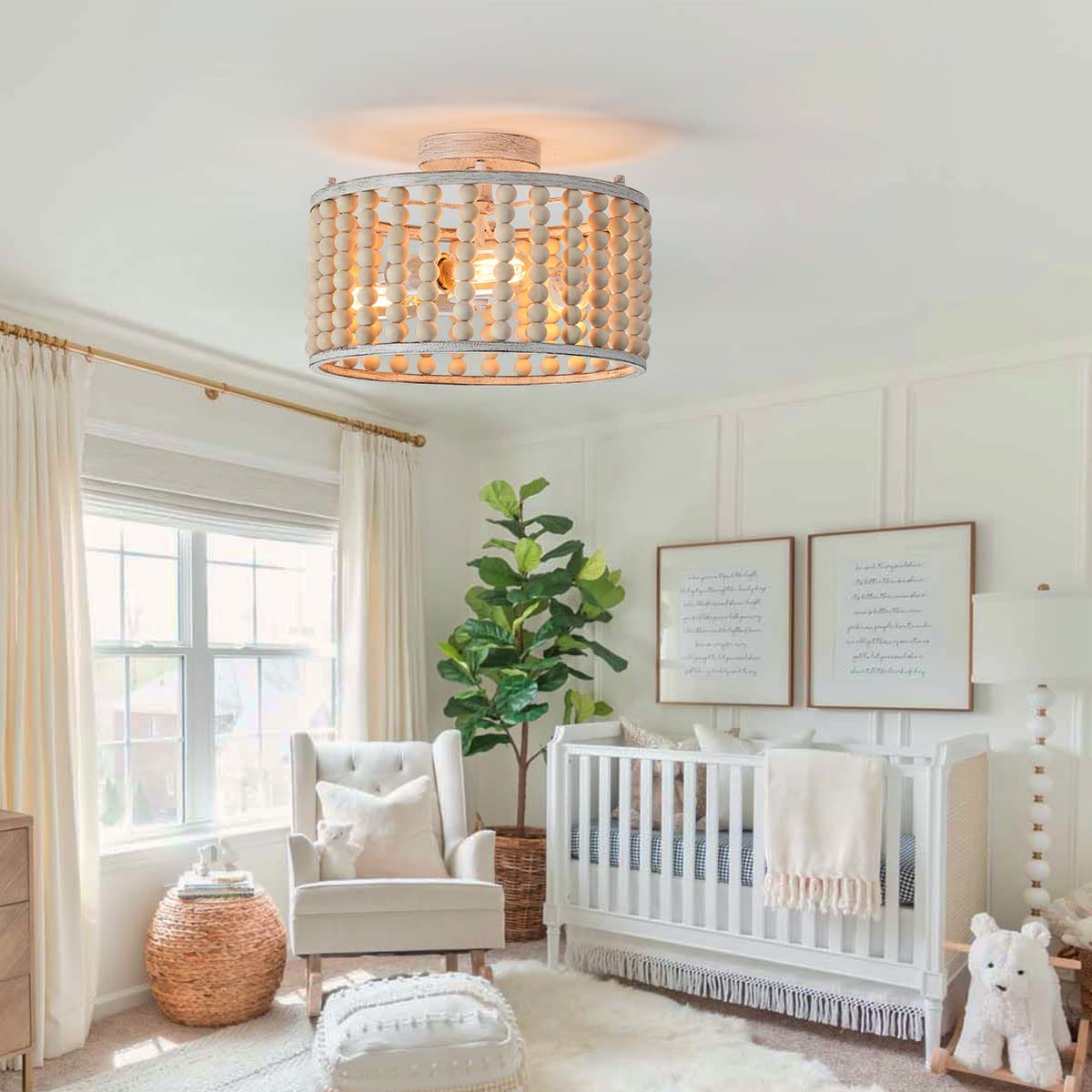 tewei Wood Beaded Chandelier Light Fixture, 3-Light Rustic Ceiling Light, Oak White, E26 Base, Model XMSMZCD-1