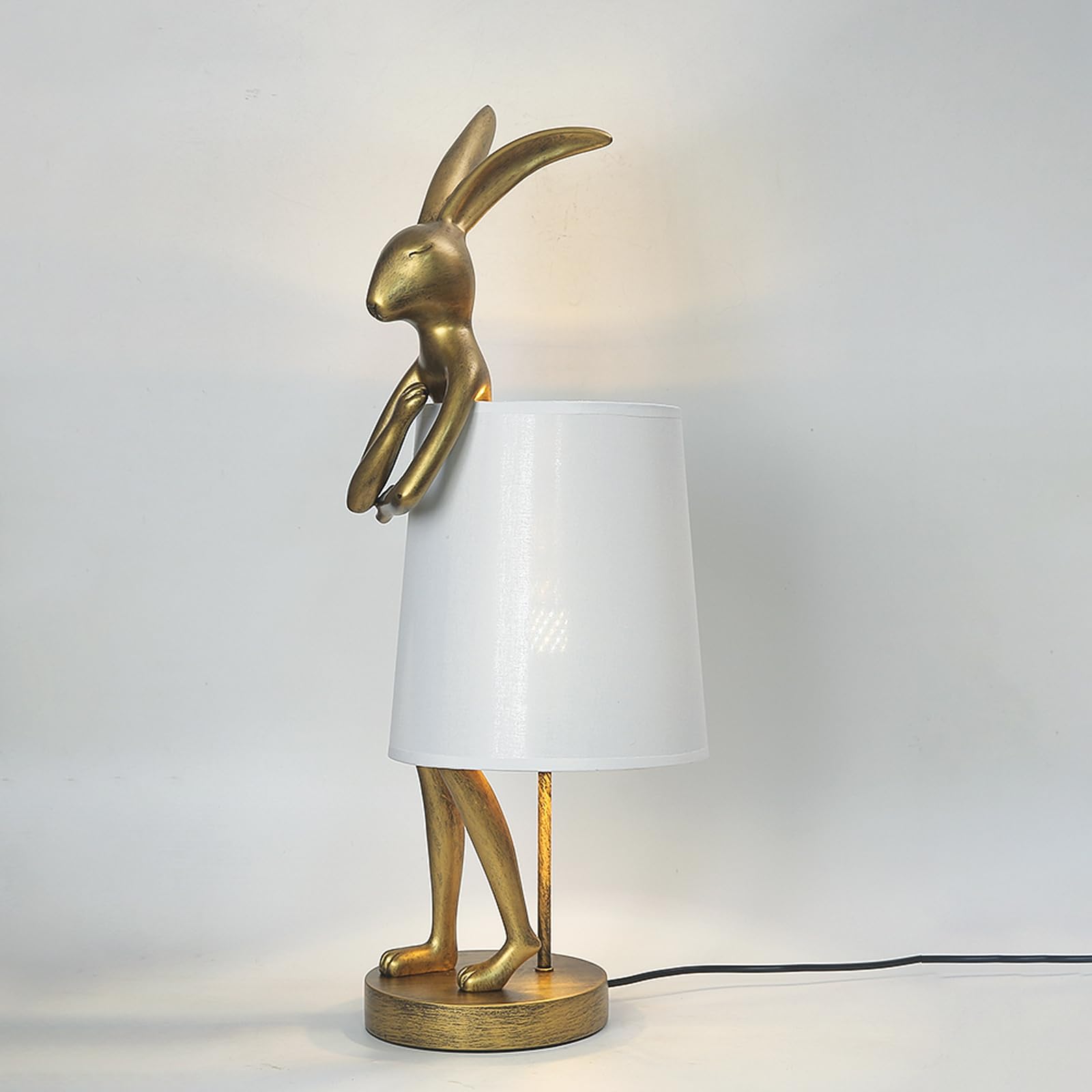 Nordiem Cute Rabbit Animal Table Lamp,Big Size 25.6'', Gold Resin Bunny Decor Led Desk Light,White Linen Shade,Home Eye Protecti