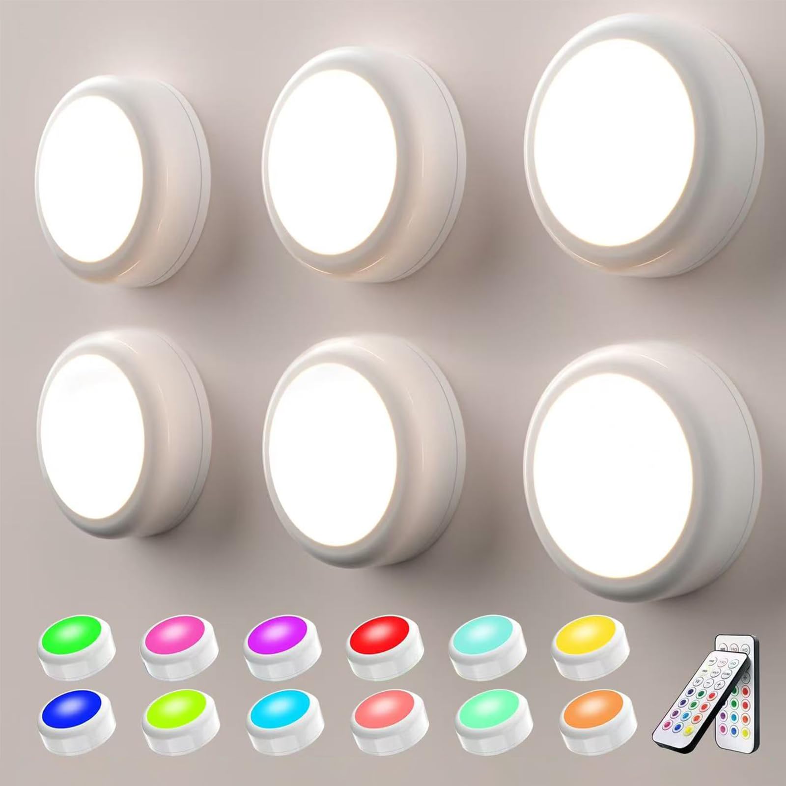 swesara Push Lights with Remote Puck Lighting Battery Operated Tap Lights Button Stick On Color Changing Led Lights 6 Pack (6P W