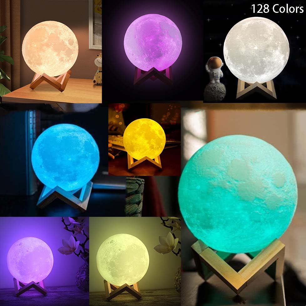 CPLA 3D Printing Moon Lamp Night Light, 6 inch, Multicolor, Model LX-YQL1216, Wooden Stand, Remote/Touch Control