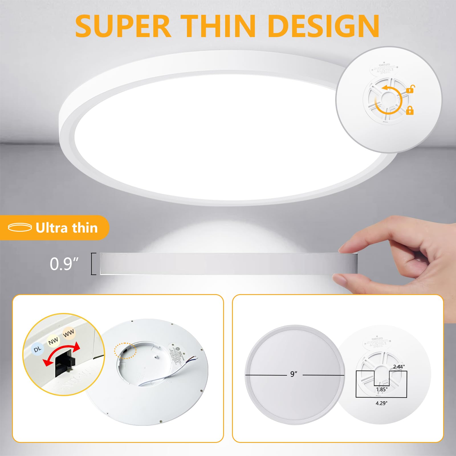 RLEDPZTX LED Flush Mount Ceiling Light, 18W 1860lm, 3CCT Selectable, 9 Inch, White, Round Modern Flat Panel, 4 Pack