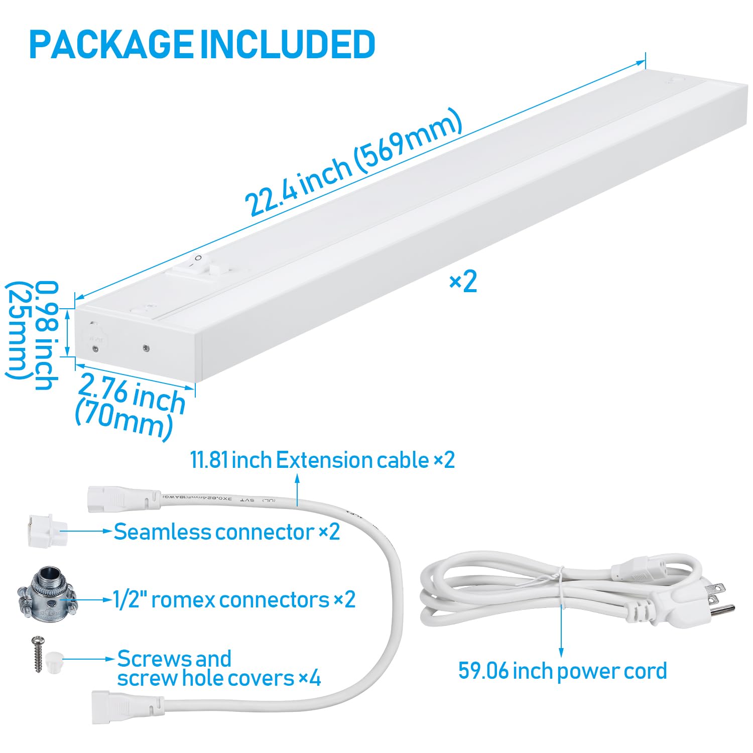TORCHSTAR LED Under Cabinet Lighting, 22 Inch, 14W, Dimmable, 3CCT, Aluminum, White, Model A-80552, 2 Pack