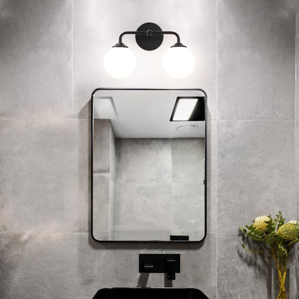 Industrial Matte Black 2-Lights Bathroom Light Fixtures  Vanity Wall Sconce Lighting With Milky White Glass Shade  Modern Bathroom Vanity Lighting  Wall Sconces Over Mirror Dressing Table Bedroom
