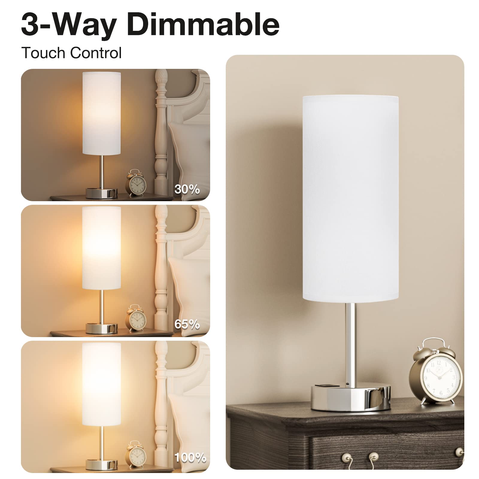 White Bedside Touch Table Lamps For Bedroom Nightstand With Usb-C Usb-A Charging Ports White, 3 Way Dimmable Control Small Lamp