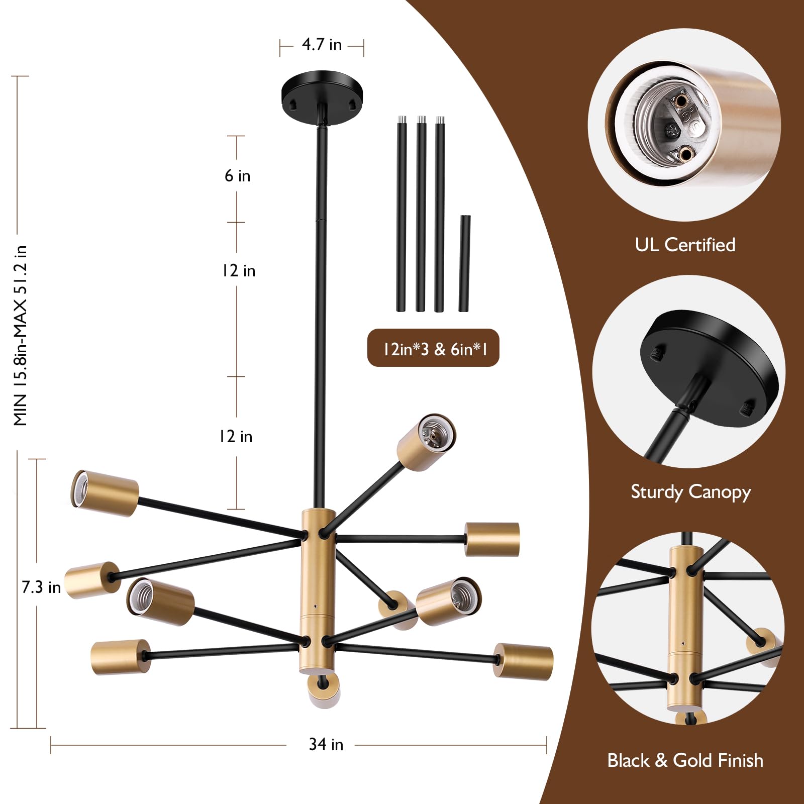 Sheetea 10-Light Sputnik Chandelier, Black And Gold Chandeliers Pendant Lighting, Modern Farmhouse Dinning Room Light Fixture Mid Century Brass, Height Adjustable For Living Room Kitchen Island