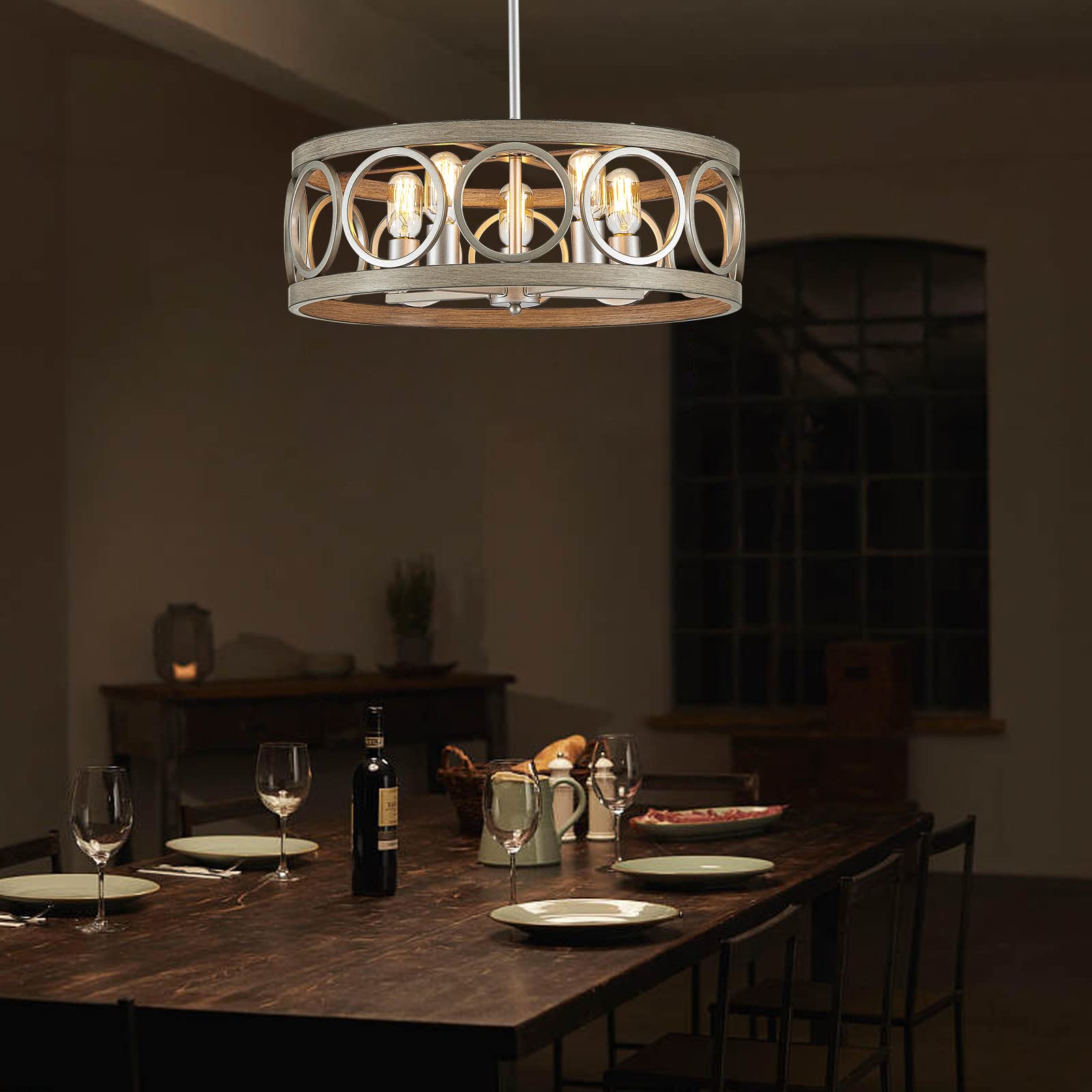 peskoe Modern Farmhouse 22'' Drum Chandelier - Nickel Metal & Wood Grain Pendant Light for Dining Room, Living Room, Kitchen, Bedroom
