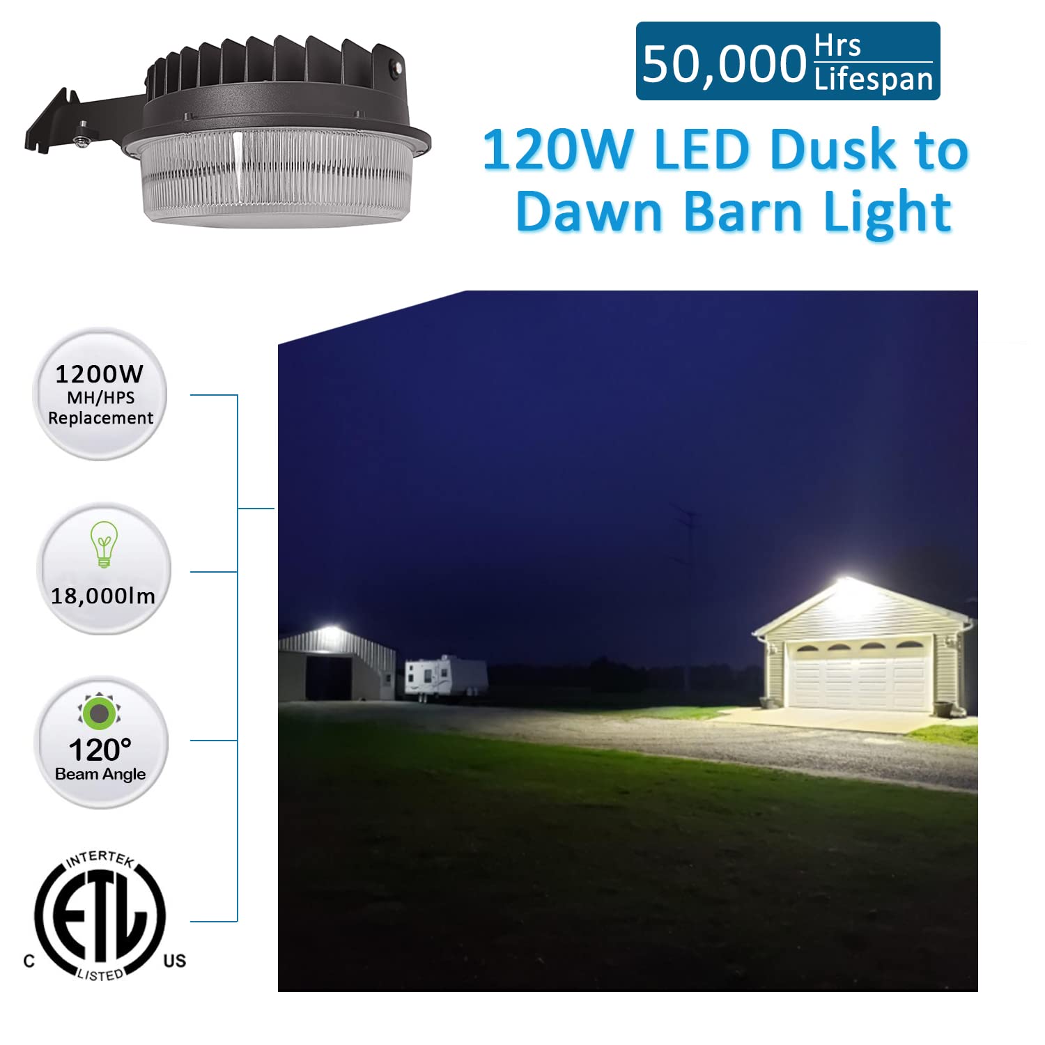 SZGMJIA 120W LED Barn Light - 18000lm Dusk to Dawn, Waterproof, 5000K Daylight, Aluminum, ETL&DLC Listed for Outdoor Security