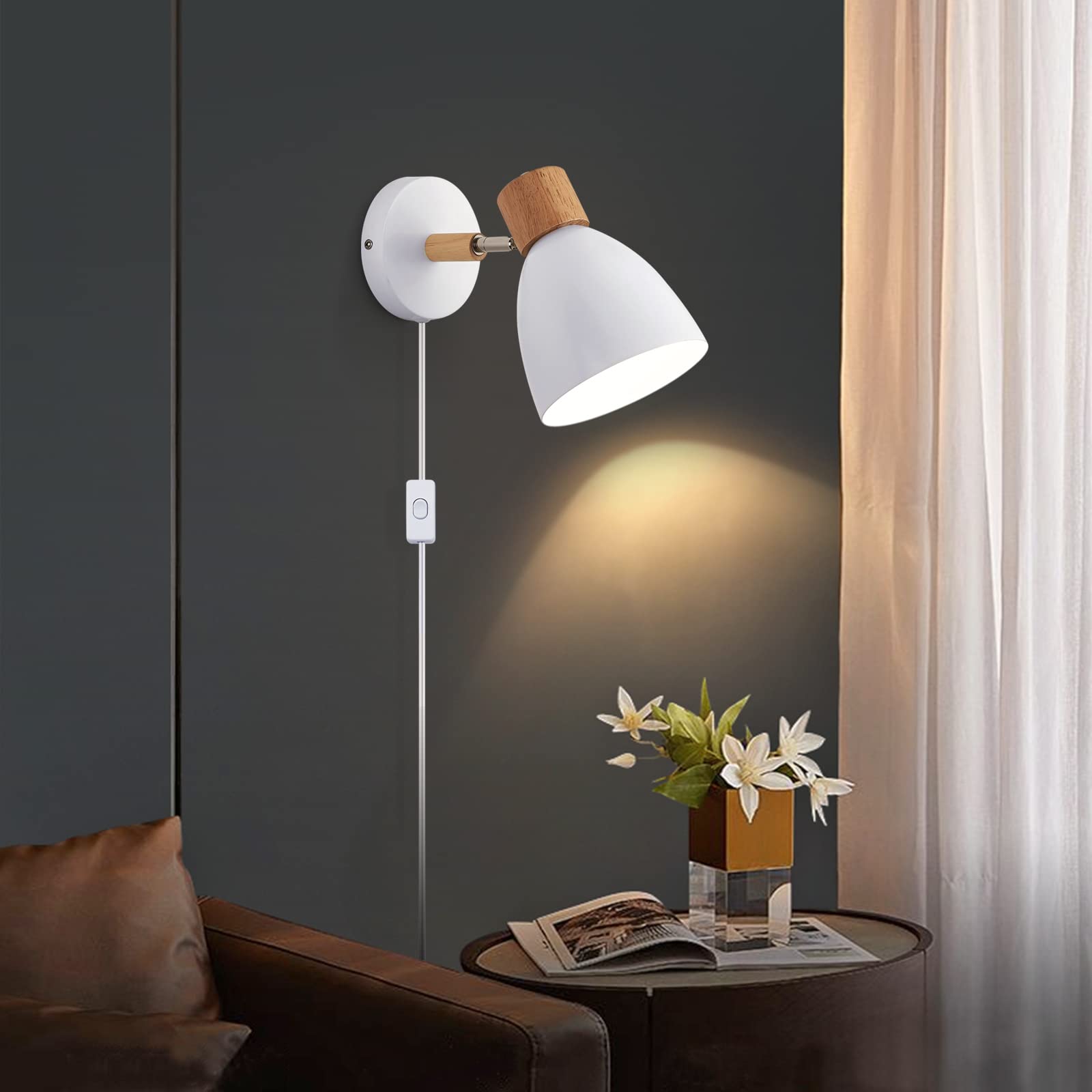 Eyooer Wall Sconces Plug In, Swing Arm Wall Lamp With Power Cord, White Plug In Wall Lighting Fixtures Set Of Two, Bedside Wall Mounted Reading Lamp With Switch, For Bedside Bedroom Hallway