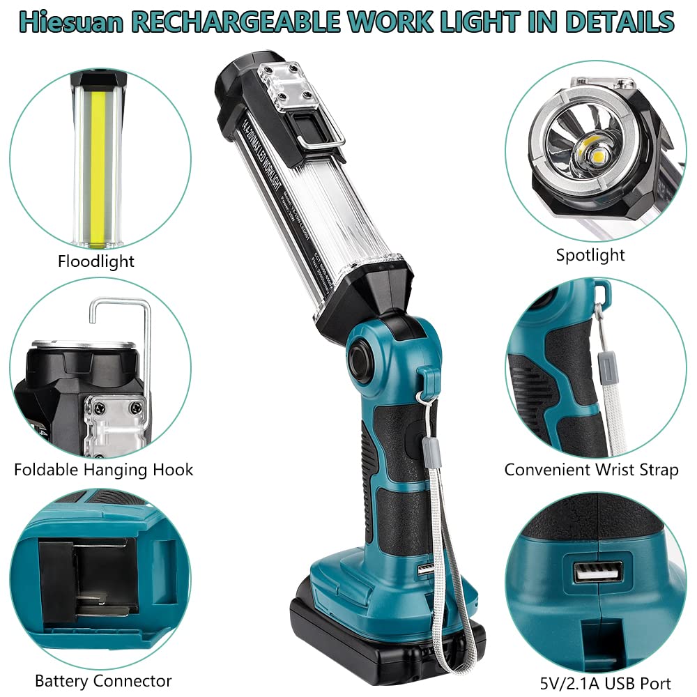 Hiesuan Cordless Led Work Light For Makita 18V Li-Ion Battery, 35W 2000Lm Outdoor Flashlight Portable Camping Lanterns With Hook, 90°Rotatable For Car Repairing, Job Site Lighting, Emergency