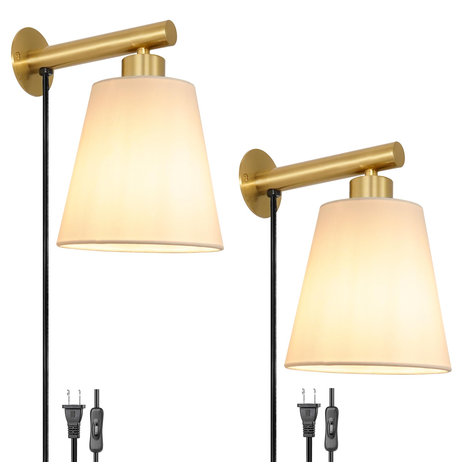 Oiyio Gold Plug In Wall Sconces Set Of 2, Bedside Wall Lamps Plug In With Fabric Linen Shade, Brass Gold Wall Sconce With Cord, Plug In Wall Decor Bedroom Wall Lights For Living Room Hallway Porch