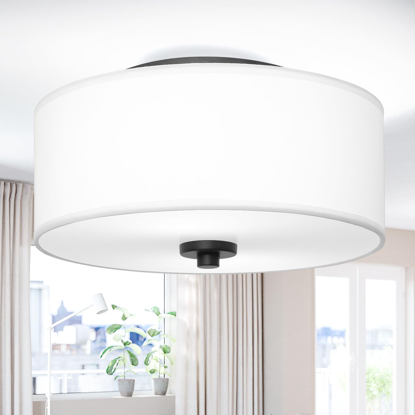 Lodstob 2-Light Flush Mount Ceiling Light Fixture, 12in White Fabric Shade, Model 737655774719