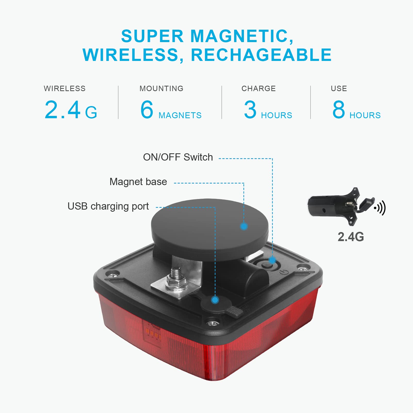 Agrieyes Wireless Trailer Lights Kit, Rechargeable LED Tow Light, Super Magnetic, 7 Way to 4 Way Transmitter for RV, Boat, Caravan, Red