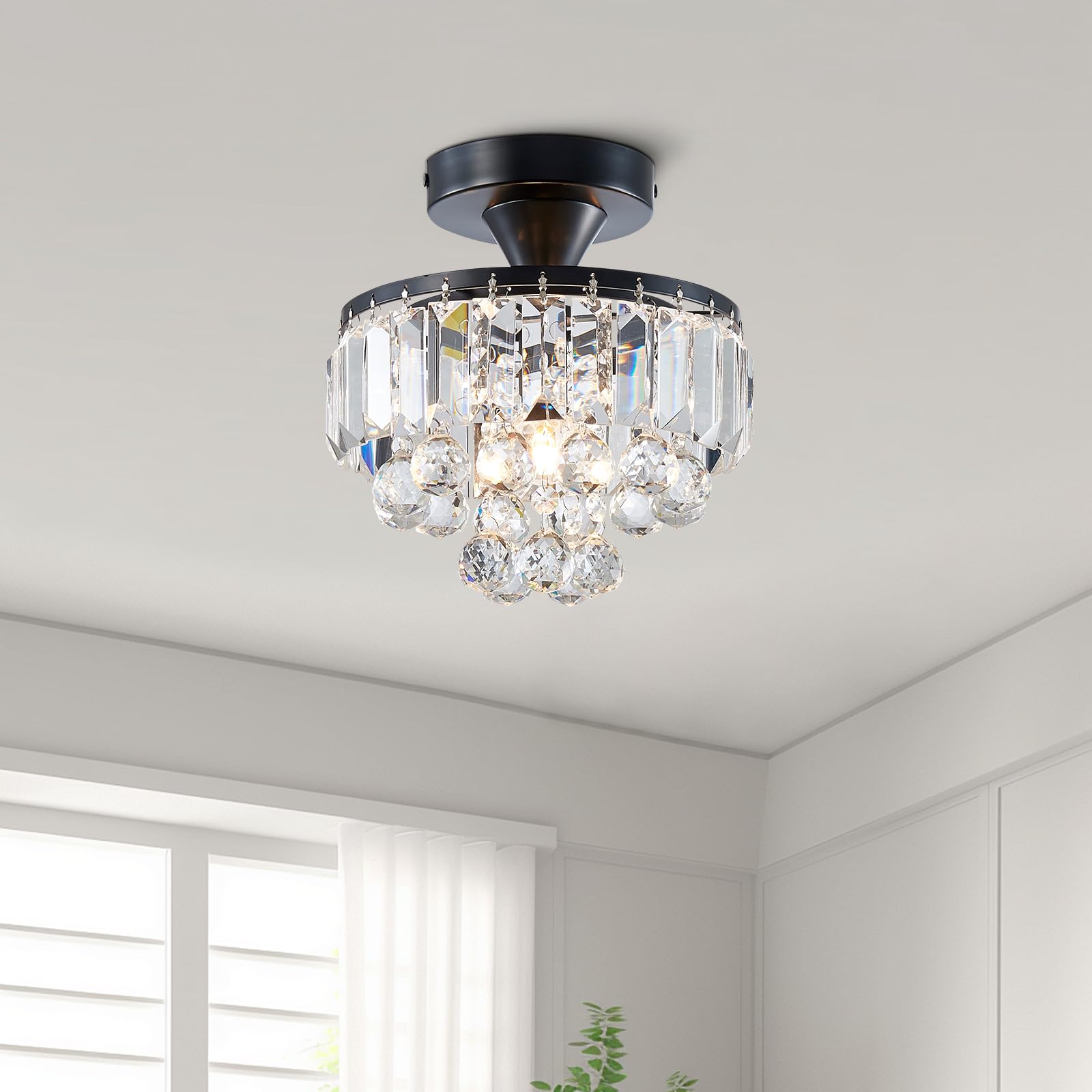 Bestier Modern Black Crystal Semi-Flushmount Chandelier Lighting LED Ceiling Light Fixture Lamp for Dining Room Bathroom Bedroom Livingroom Diameter 9 Height 10