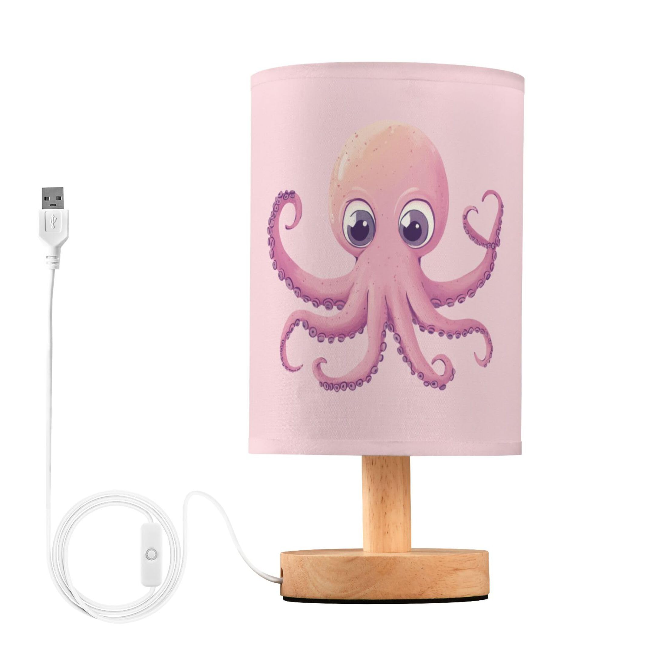 YYZZH Table Lamp Marine Octopus You Octopi My Heart Quote Design on Pink Nightstand Lamp with Wood Base Fabric Lamp Shade Bedsid