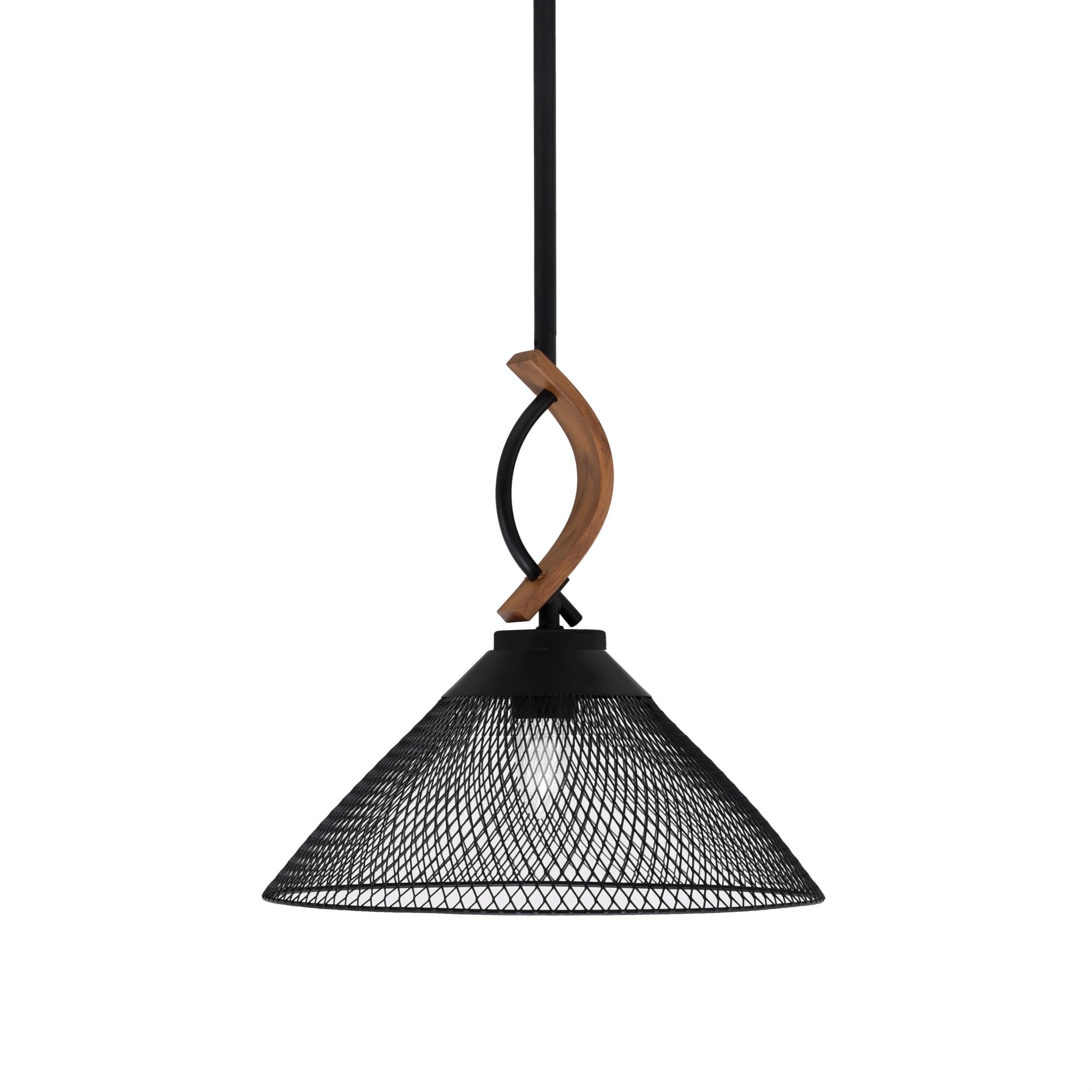 Toltec Lighting Monterey Stem Hung Mini Pendant, Matte Black Cone Shade, discomfort-reducingted Wood-Look Finish, 14in Size