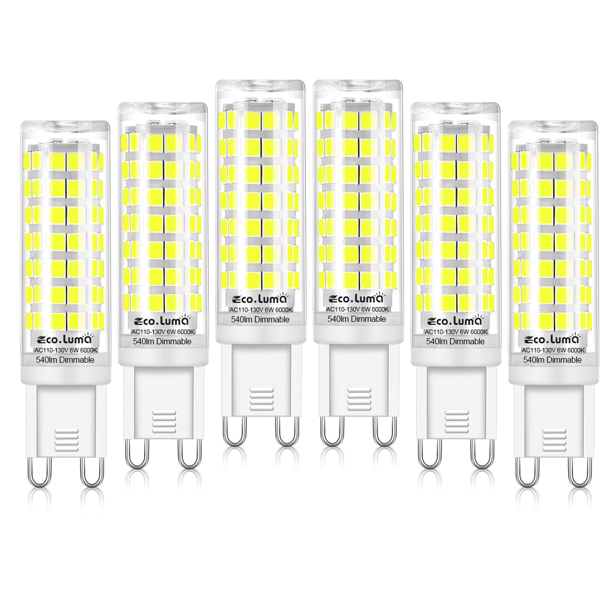 Eco.Luma G9 LED Bulb, 6W 540 Lumens, 6000K Daylight White, Dimmable, G9 Bi-Pin Base, 6 Count, Ceramic