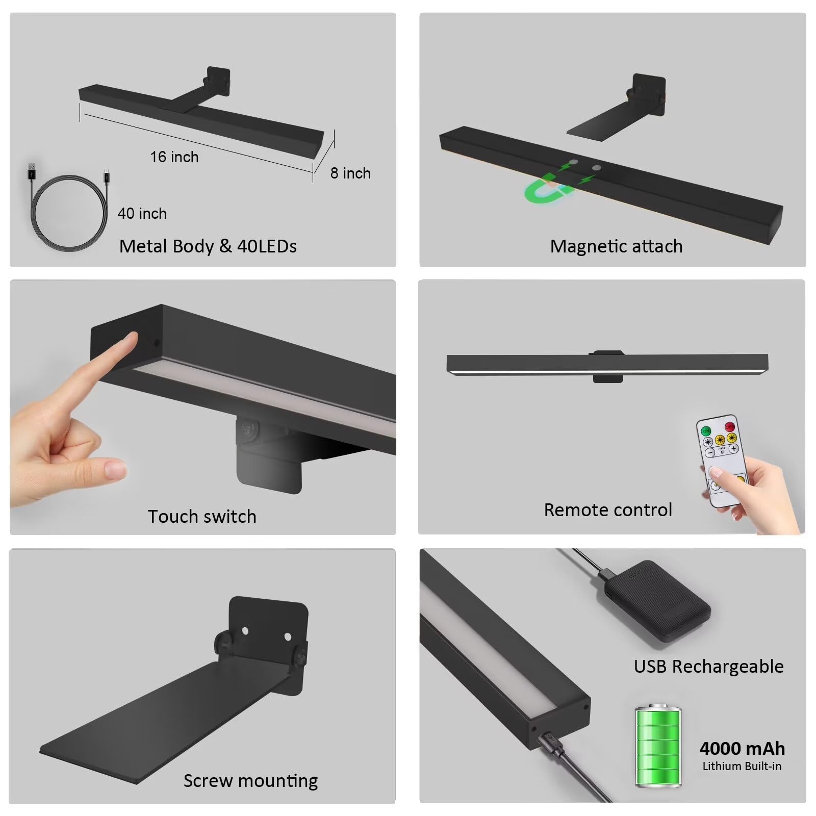Mioblue Cordless Picture Lights With Remote, 16In Metal Battery Operated Picture Light,Rechargeable Display Lamp With 3 Lighting