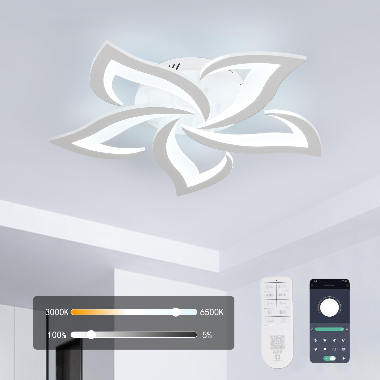 Tealight Dimmable 5-Petals Flower Ceiling Light, 3000K-6500K Changeable with APP/Remote Control, Modern LED Flush Mount Ceiling 