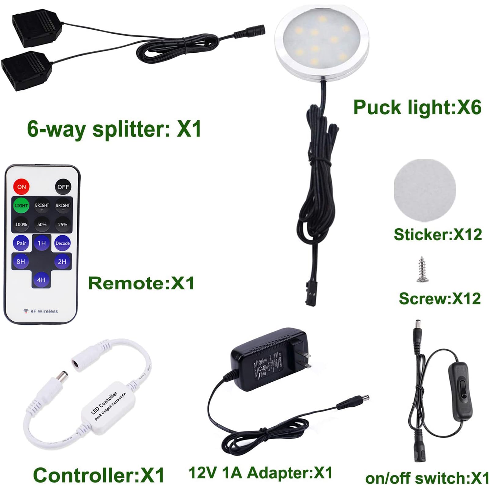 AIBOO 12V LED Under Cabinet Lights Kit, 6 Pack, Aluminum Puck Lights, Wireless Dimmable Remote, 2700K Warm White, Model RF6BC