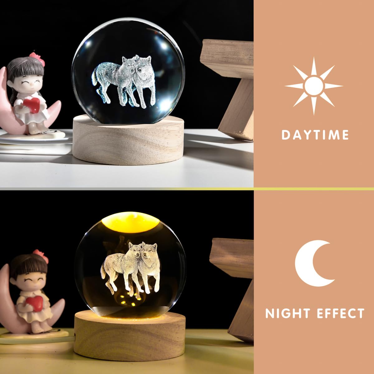 Qianchang 3D Wolf Crystal Ball Night Light With Led Stand,Crystal Wolf Figurine Lamp,Wolf Decor Glass Animal Sphere Globe Paperw