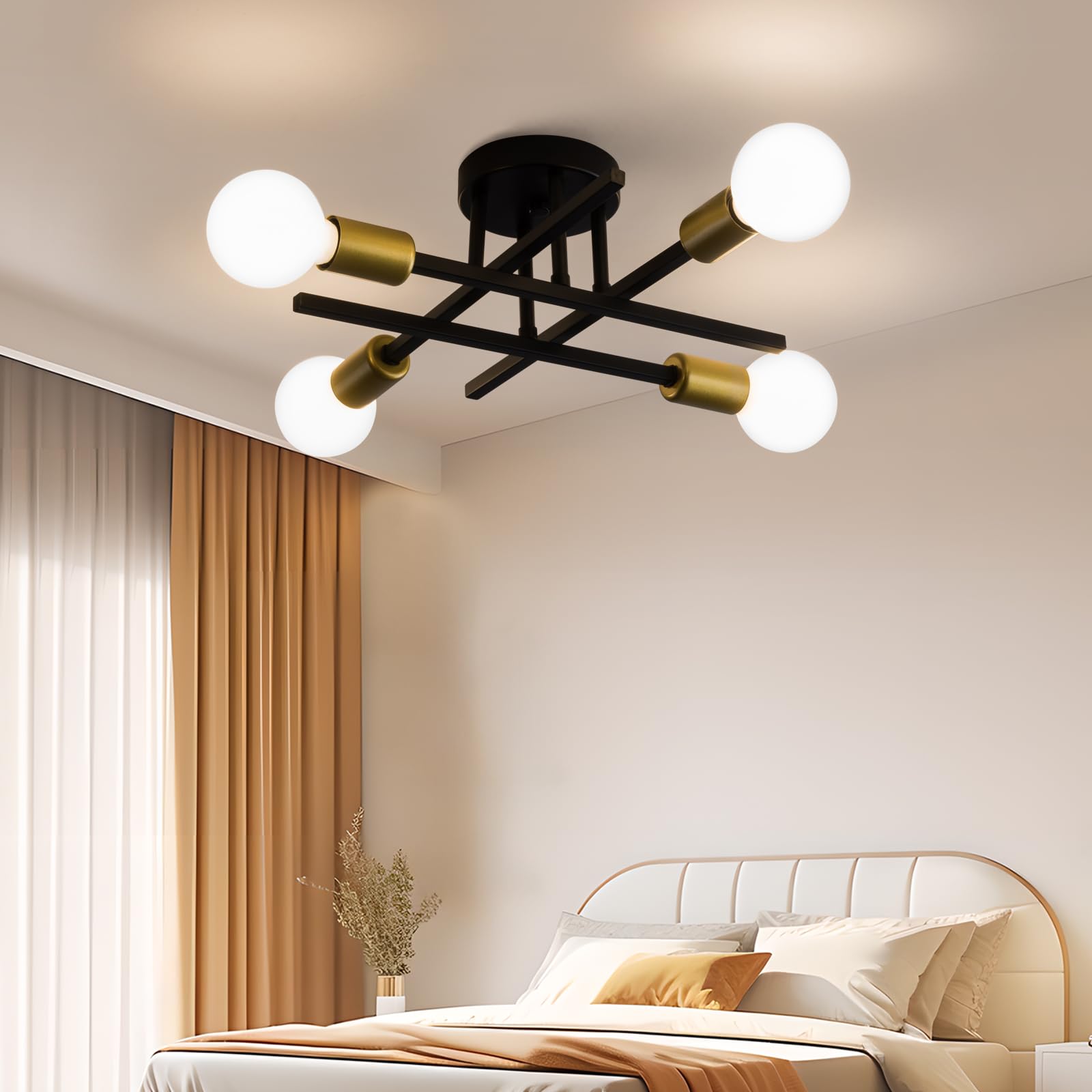 Xingsiyuelyx Modern Black And Gold Sputnik Ceiling Light Fixture,Semi Flush Mount Ceiling Light,Close To Ceiling Light,Chandelie
