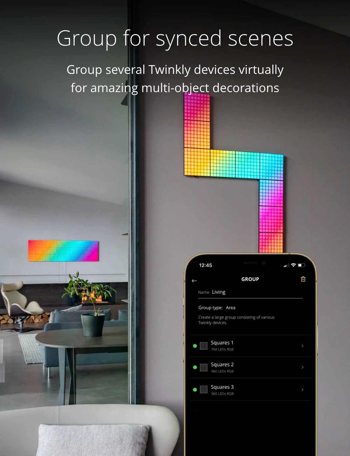 Twinkly Squares Extension Kit, RGB LED Panels, 3 Extension Panels, Connection Cables, Compatible with HomeKit, Alexa, Google Home, Black