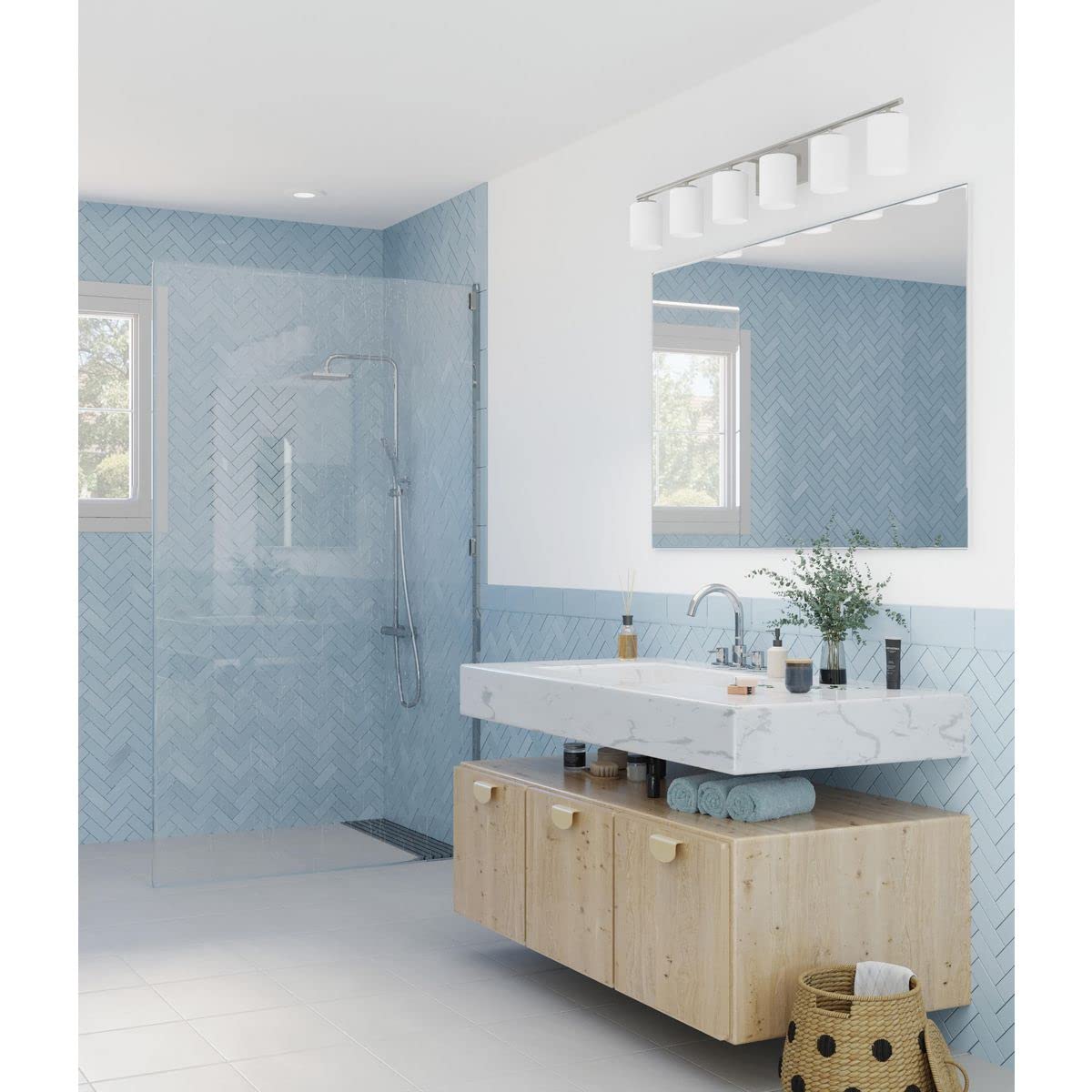 Progress Lighting P300385-104 Replay Collection 48 In. 6-Light Polished Nickel Etched White Glass Modern Bath Vanity Light