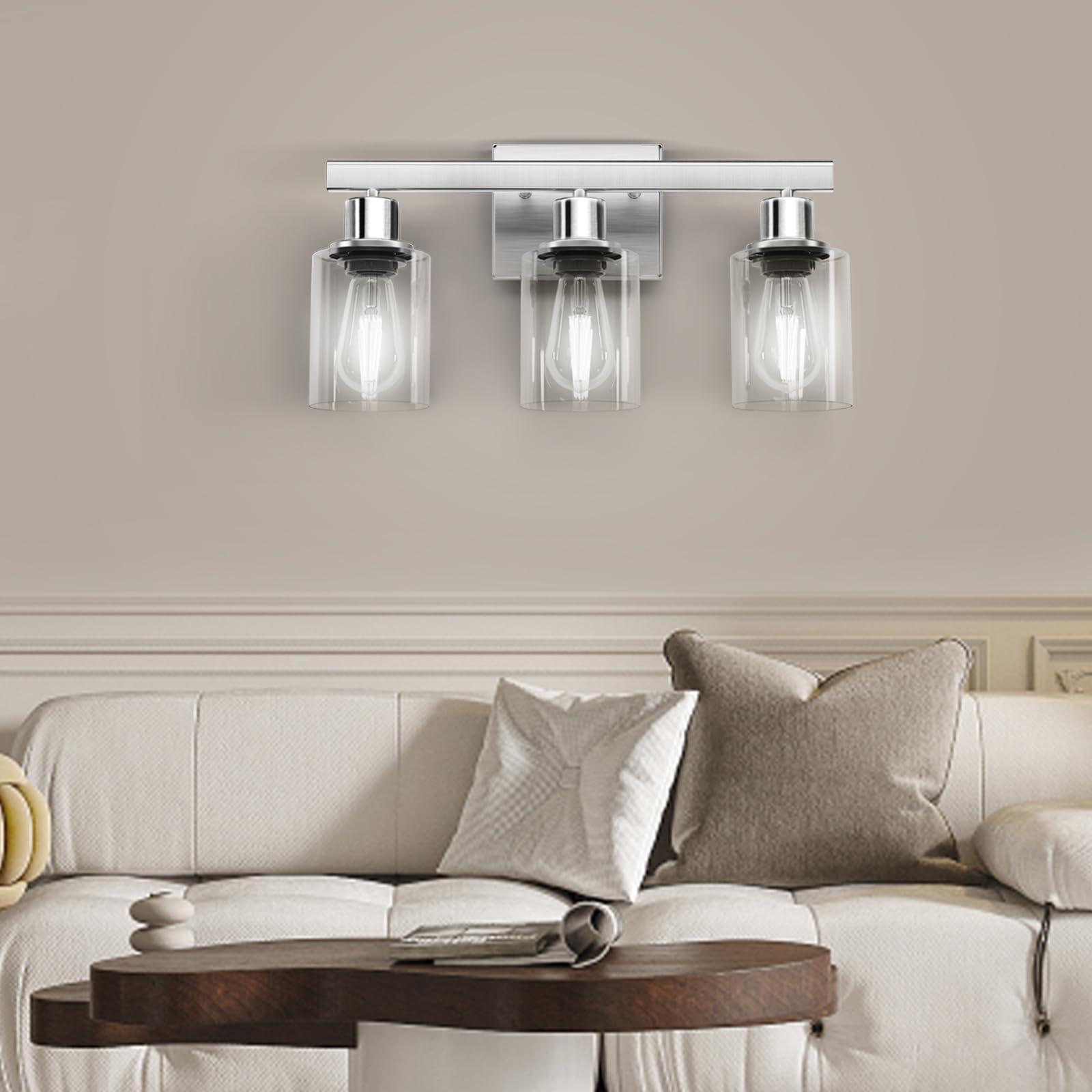 DIKAIDA 3-Light Bathroom Vanity Light Fixture, Nickel Metal with Clear Glass Shades, Model NS-3