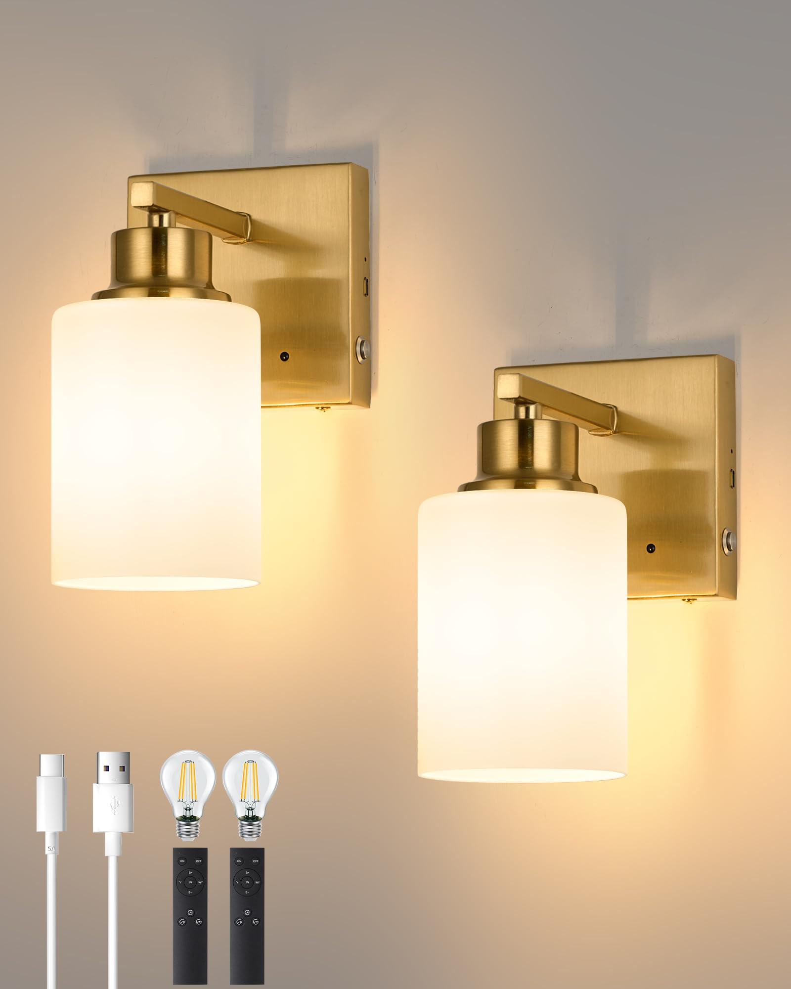 Rayogale Wireless Rechargeable Battery Wall Sconce Set of Two, Dimmable, Remote, 3000K, Gold with White Lampshade, Model WL-7112