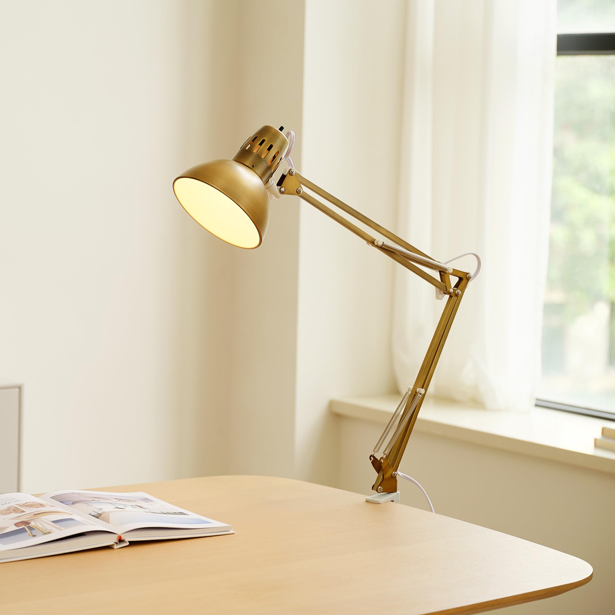 GLOBE Electric 62000010 32" Multi-Joint Desk Lamp, Matte Brass & White Accents, Adjustable Swing Arm, On/Off Rotary Switch, Home & Office