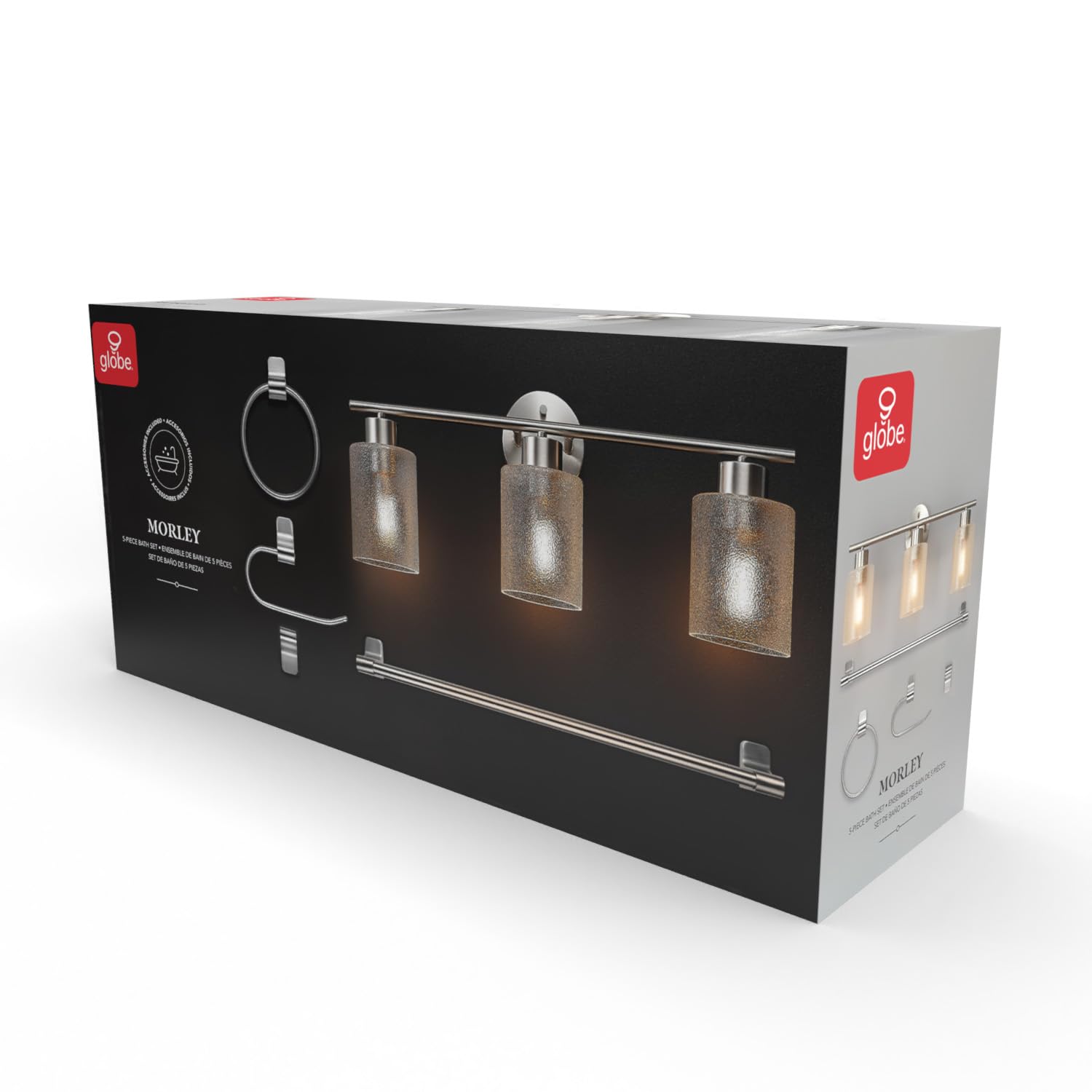 Globe Electric 63000209 5-Piece All-In-One Bathroom Accessory Set With 23'' 3-Light Vanity Light, Brushed Nickel, Clear Frosted