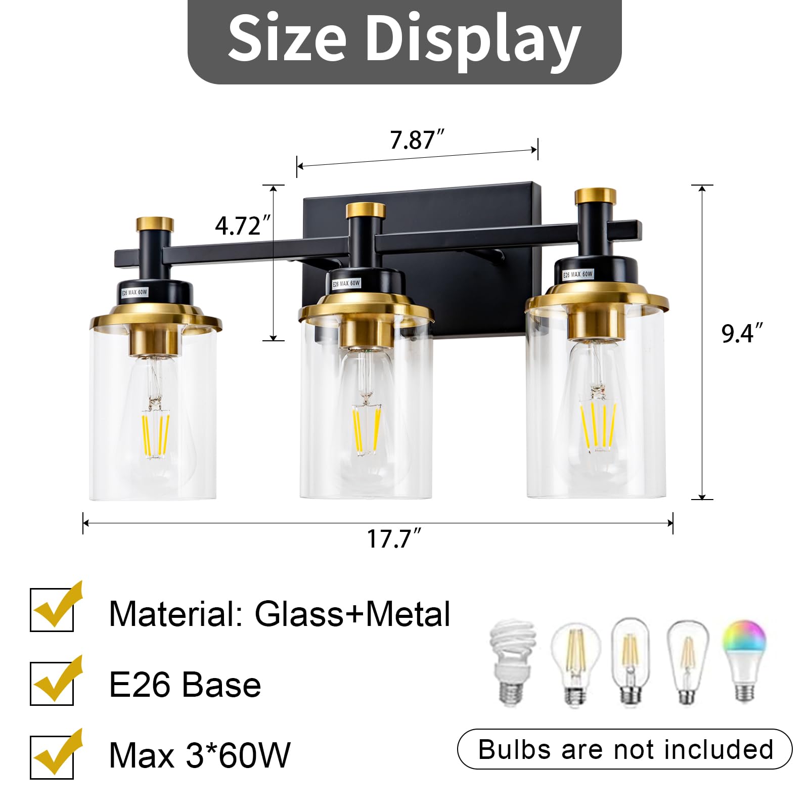 Aixialin 3 Light Bathroom Light Fixtures, Black And Brushed Gold Vanity Light Fixture Over Mirror, Modern Wall Sconces Lighting