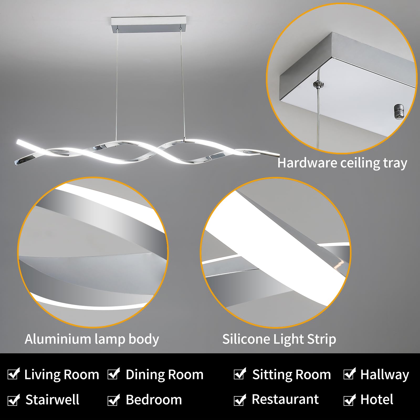 Matven Modern Ceiling Chandelier Light, Acrylic Anti Flicker Pendant Lamp With Remote Control Dimmable 3 Color Mode & Brightness (Warm Cool Neutral Light) For Kitchen Bar(Silver)